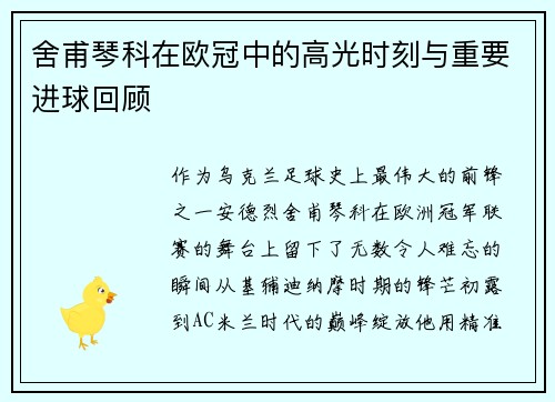 舍甫琴科在欧冠中的高光时刻与重要进球回顾