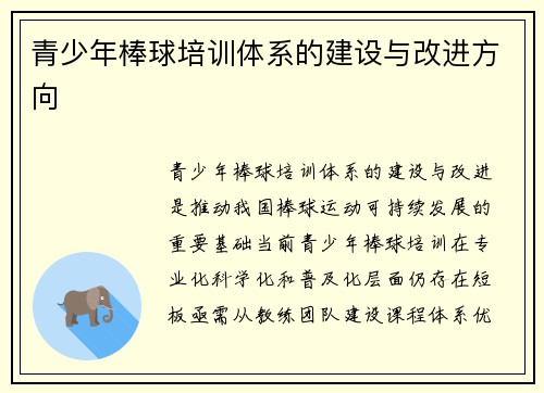 青少年棒球培训体系的建设与改进方向